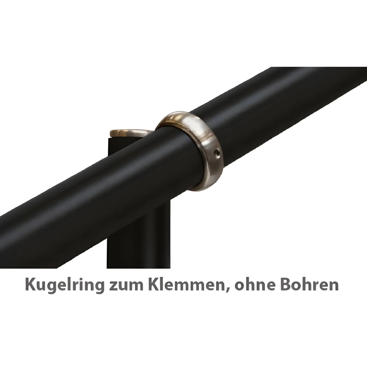 Detailaufnahme: Schwarzes Treba Eingangsgeländer mit Kugelring aus Edelstahl.