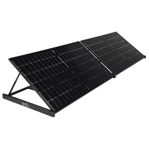 Hepa Solar Balkonkraftwerk Premium 800 mit zwei schwarzen Solarmodulen auf einem schwarzen Rahmen.