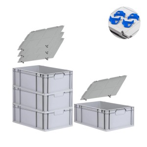 PROREGAL Spar Set: 4 graue Euroboxen mit Deckel und blauen Schiebeverschlüssen. Ideal zur Aufbewahrung.