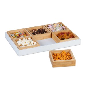 Relaxdays Snackschalen Set mit Serviertablett Bambus Natur Weiß 6 Schalen 47 cm x 32,5 cm x 5,5 cm 2,1 kg