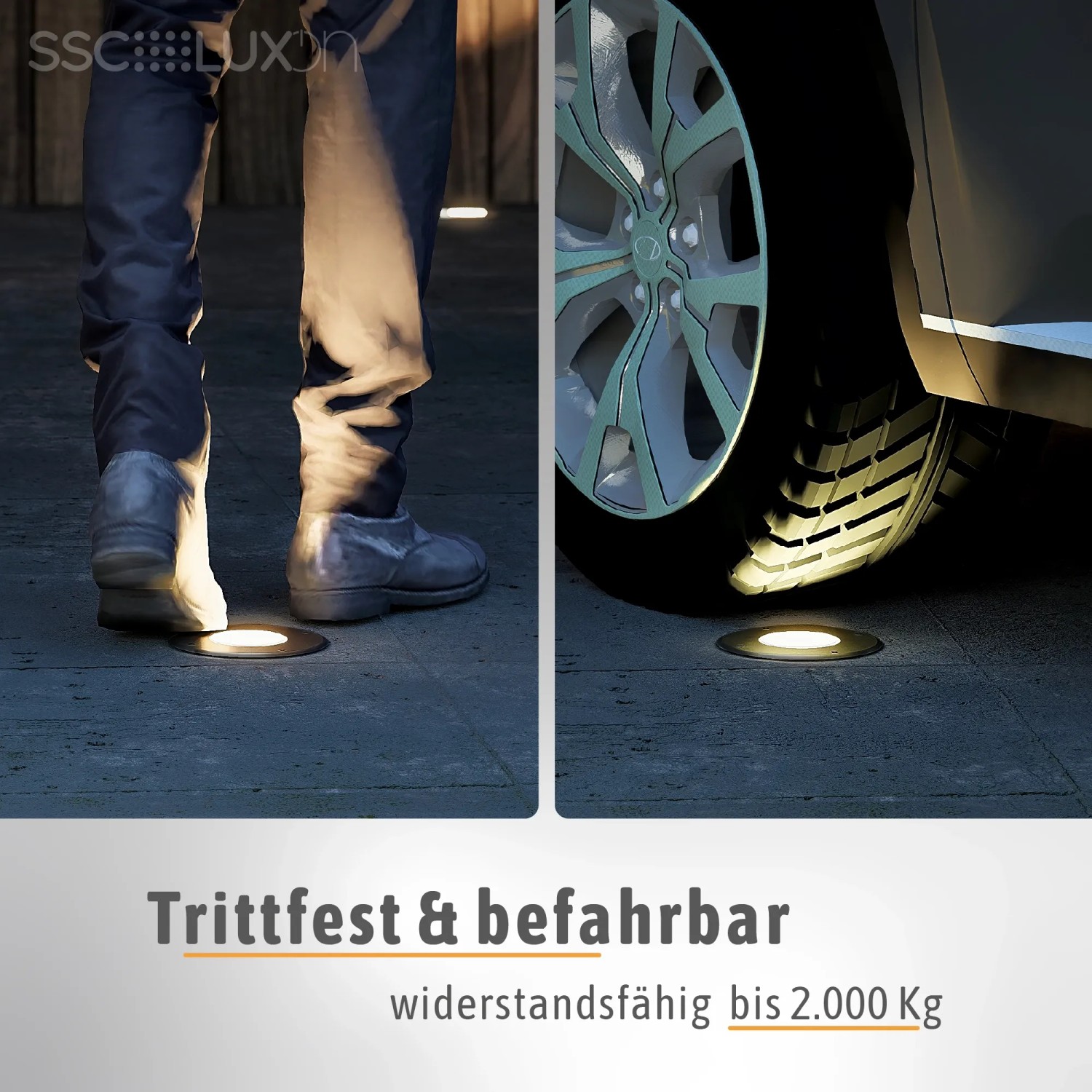 Schwarze SSC-LUXon Juavi Bodeneinbauleuchte mit warmweißem LED unter einem Fuß und einem Reifen.