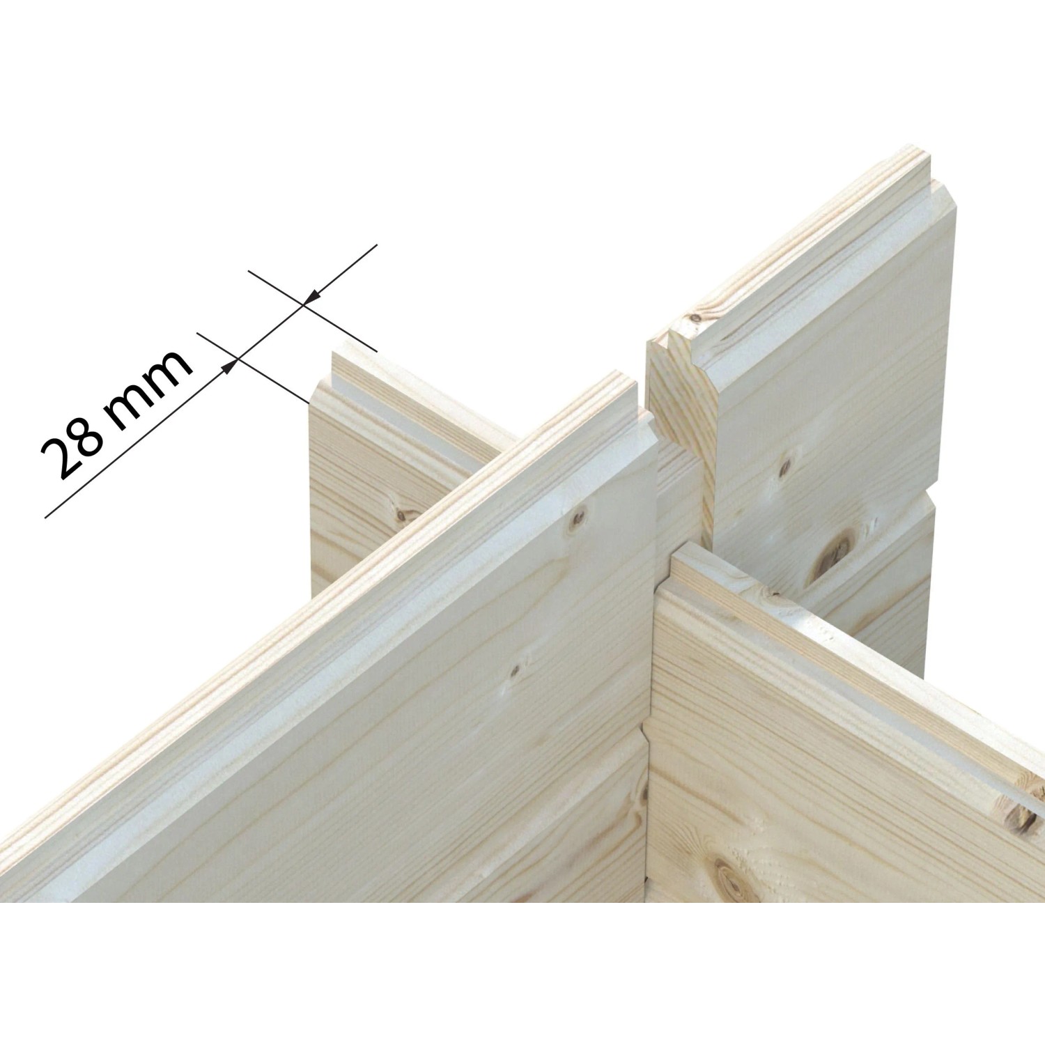 Detailaufnahme: 28 mm Wandstärke des Palmako Ella Holz-Gartenhauses.