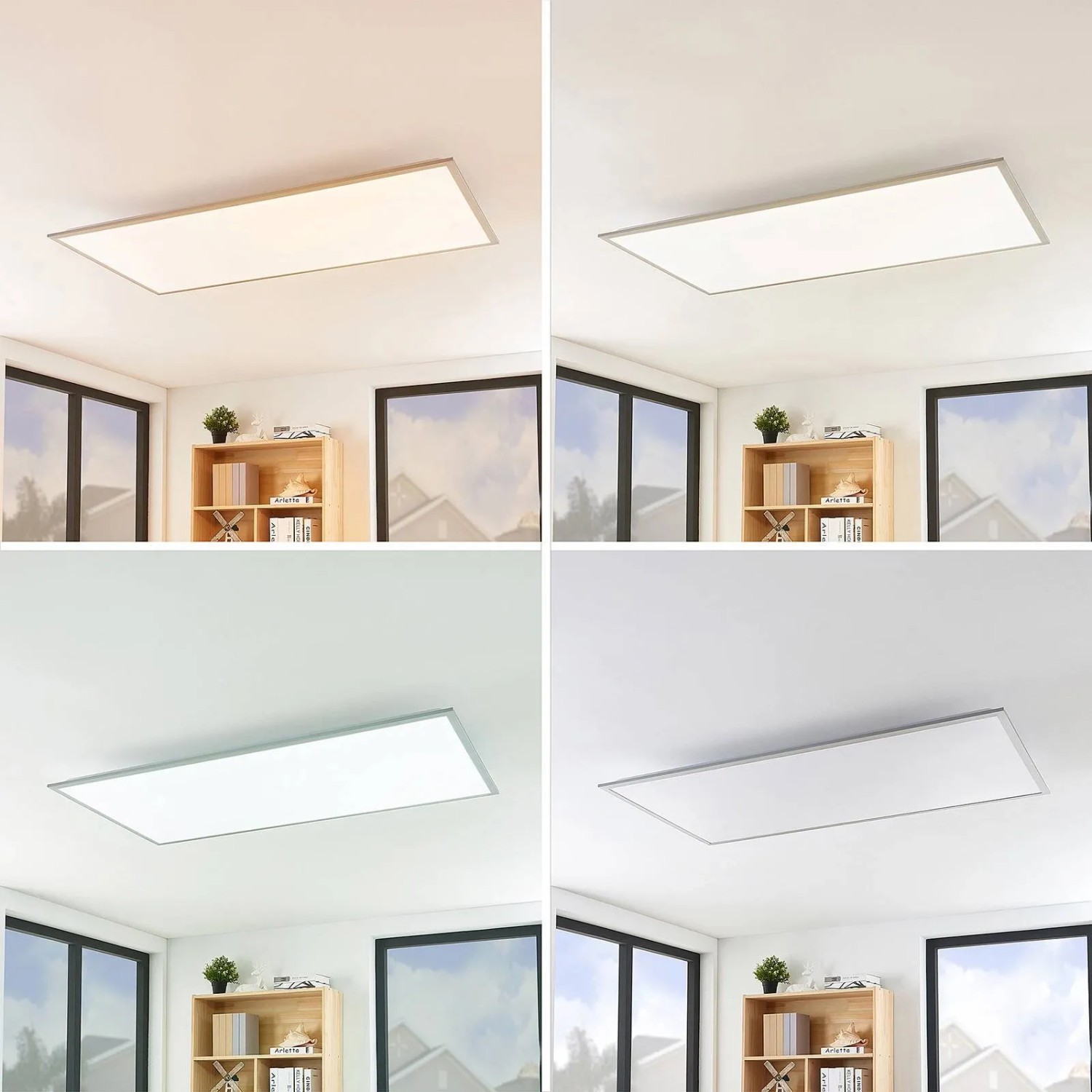 Dimmbares Lindby LED Panel Stenley in Weiß, verschiedene Lichtfarben im Vergleich.