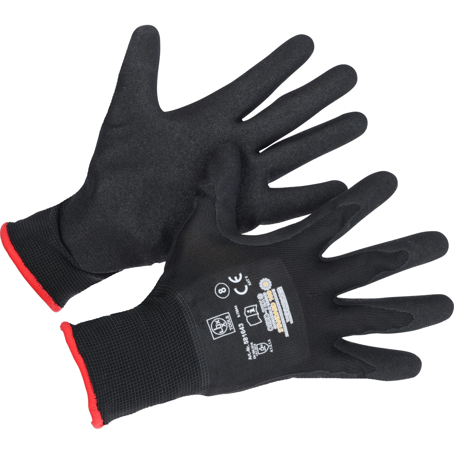 Schwarze LUX Arbeitshandschuhe Green Glove Gr. 10 mit rotem Saum, Handinnenfläche sichtbar.