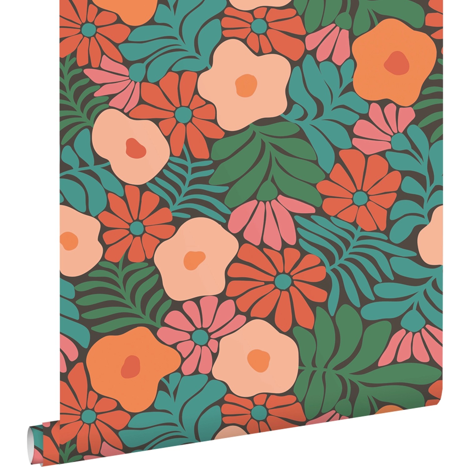 ESTAhome Tapete Blumen im Matisse-Stil Dunkelgrün Orange und Blau 50 x 900 günstig online kaufen