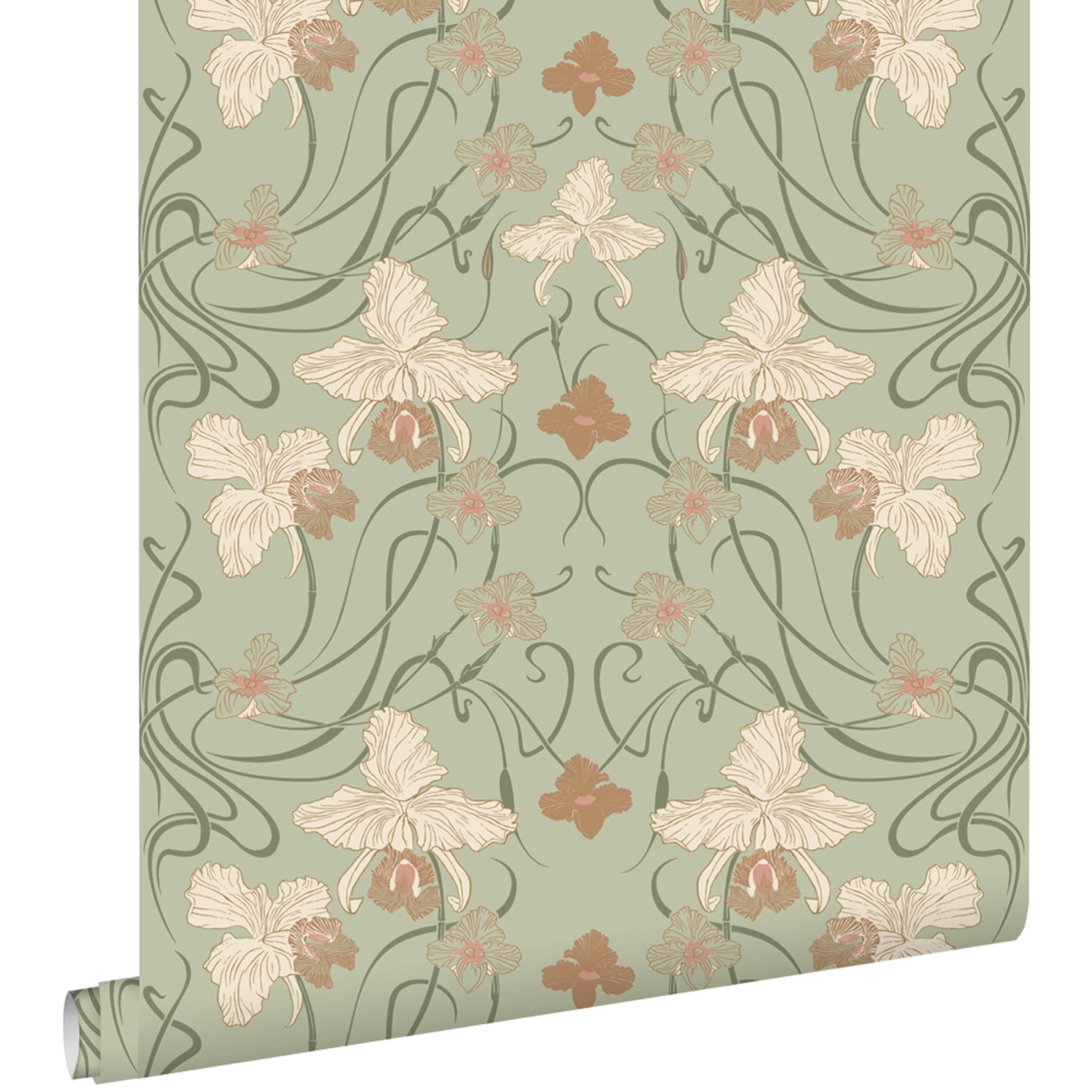 ESTAhome Tapete Blumenmuster im Jugendstil Graugrün und Terrakotta 53 cm x günstig online kaufen