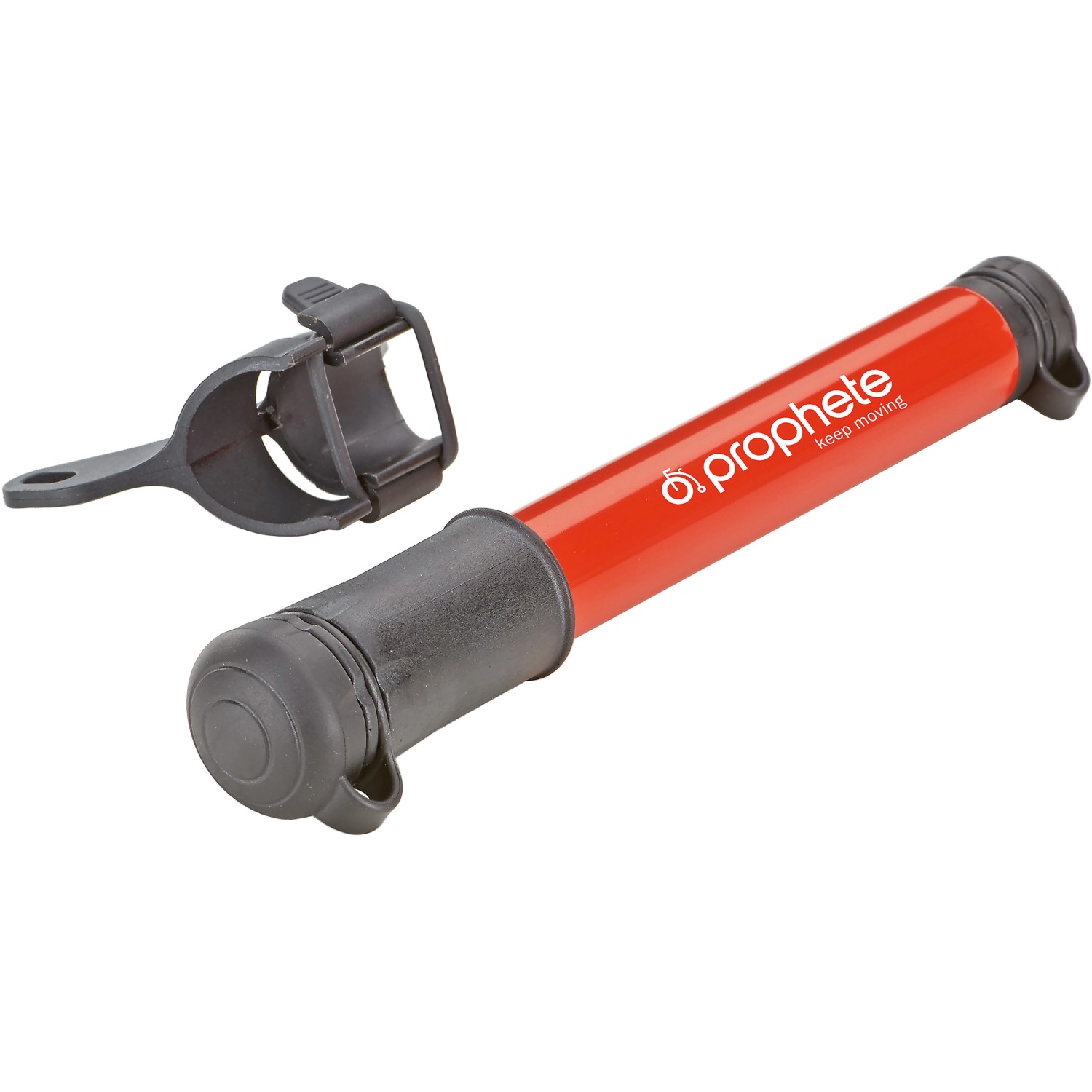 Prophete Mini-Luftpumpe, rot, mit Halterung für Fahrradreifen.