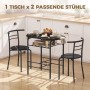 Schwarze HOMCOM Essgruppe mit Tisch, 2 Stühlen, Marmor-Optik, Metallgestell und Ablagefach in Küche. Platzsparend.