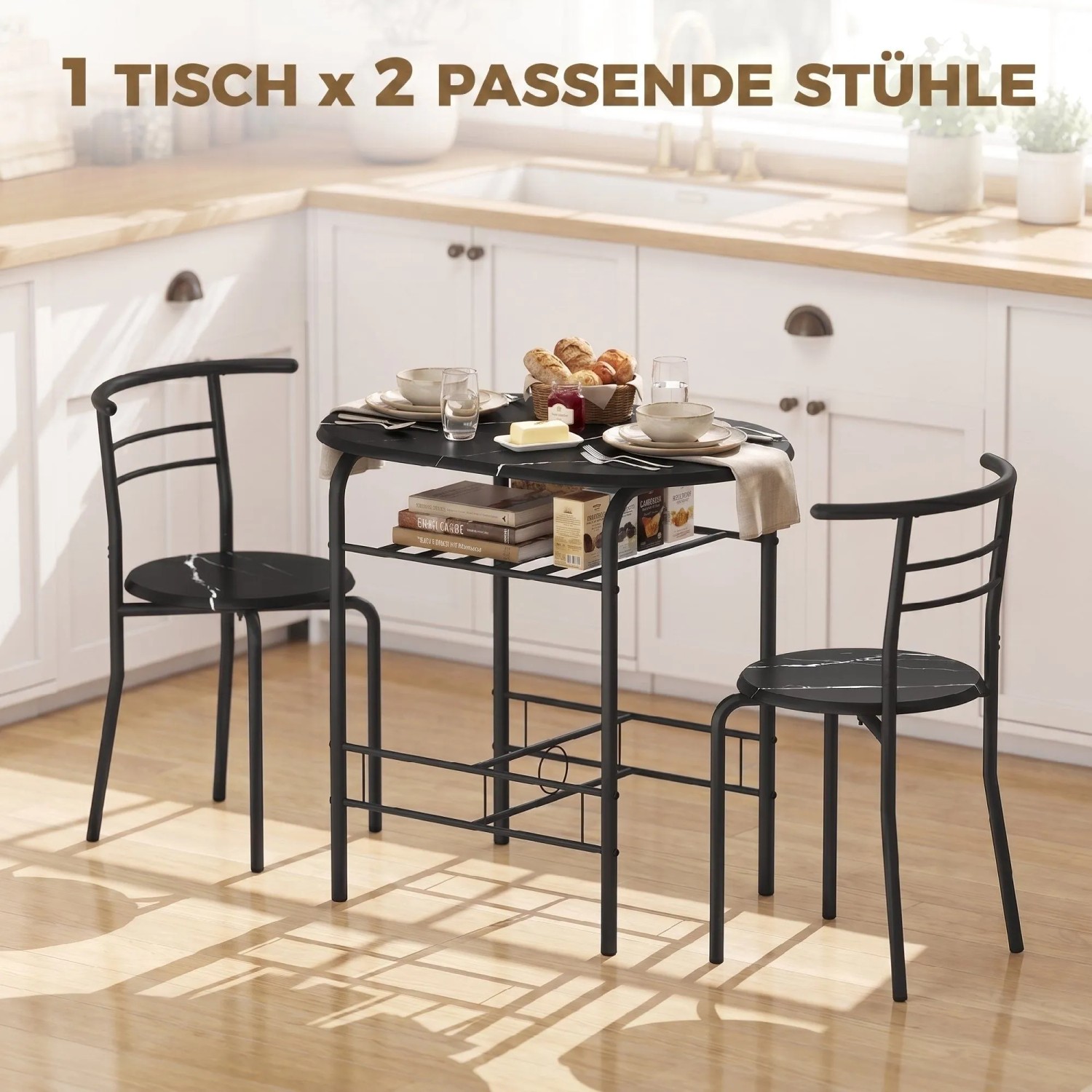 Schwarze HOMCOM Essgruppe mit Tisch, 2 Stühlen, Marmor-Optik, Metallgestell und Ablagefach in Küche. Platzsparend.