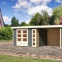 Terragraues Karibu Holz-Gartenhaus Sölve mit Flachdach und Anbau. Lackiertes Gartenhaus mit Doppeltür.