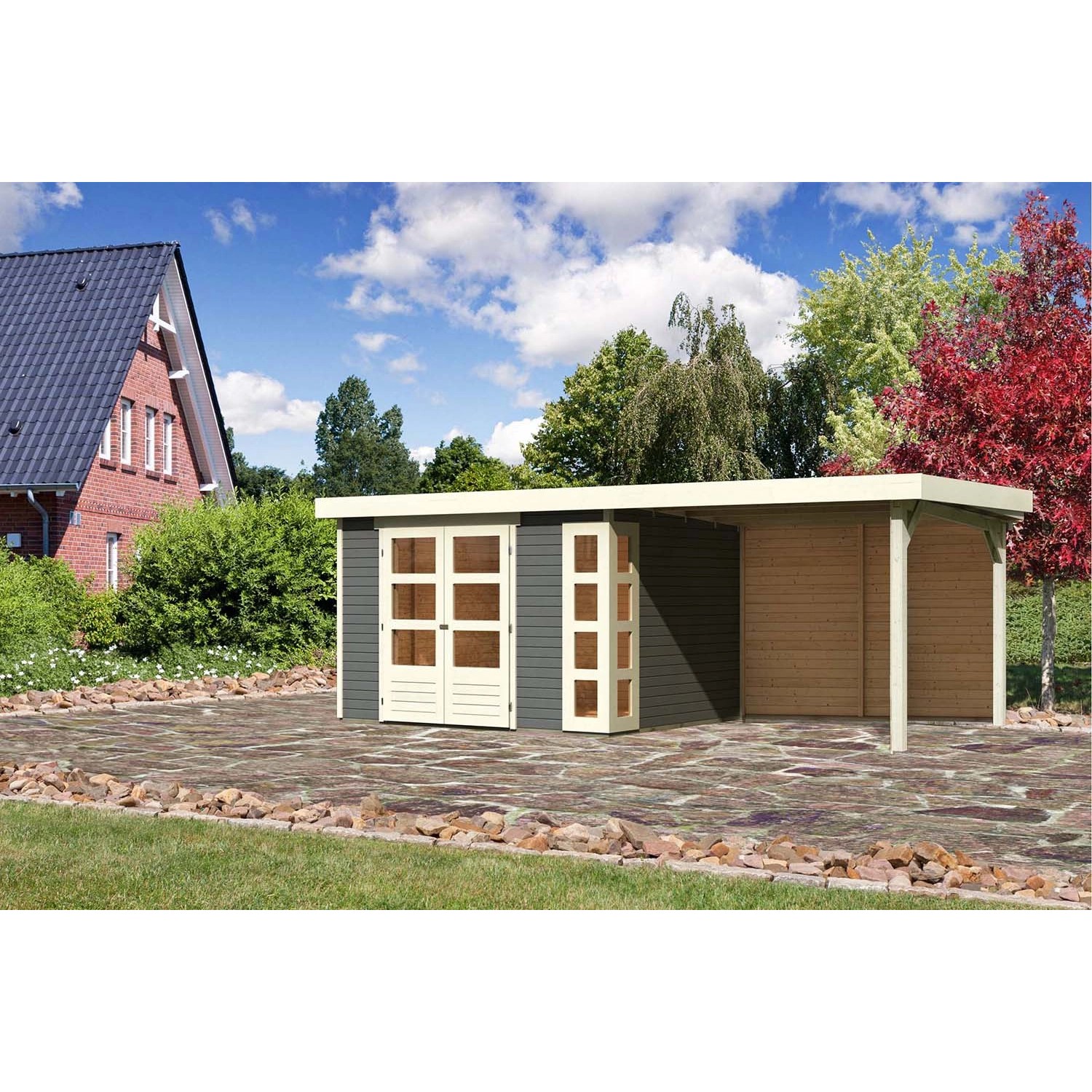 Karibu Holz-Gartenhaus/Gerätehaus Sölve Terragrau Flachdach Lackiert 298 cm x 242 cm