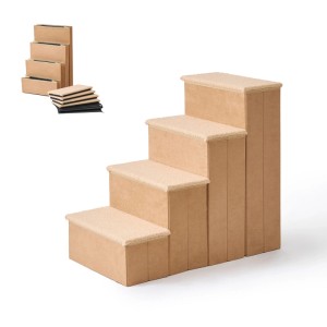 Beige faltbare Hundetreppe aus MDF mit 4 Stufen und Stauraum, 65x40x70 cm. Ideal als Aufstiegshilfe für Haustiere.