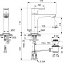 Technische Zeichnung: Ideal Standard Connect Air Waschtischarmatur Grande Slim, gebürstetes Gold, Maße und Anschlüsse.
