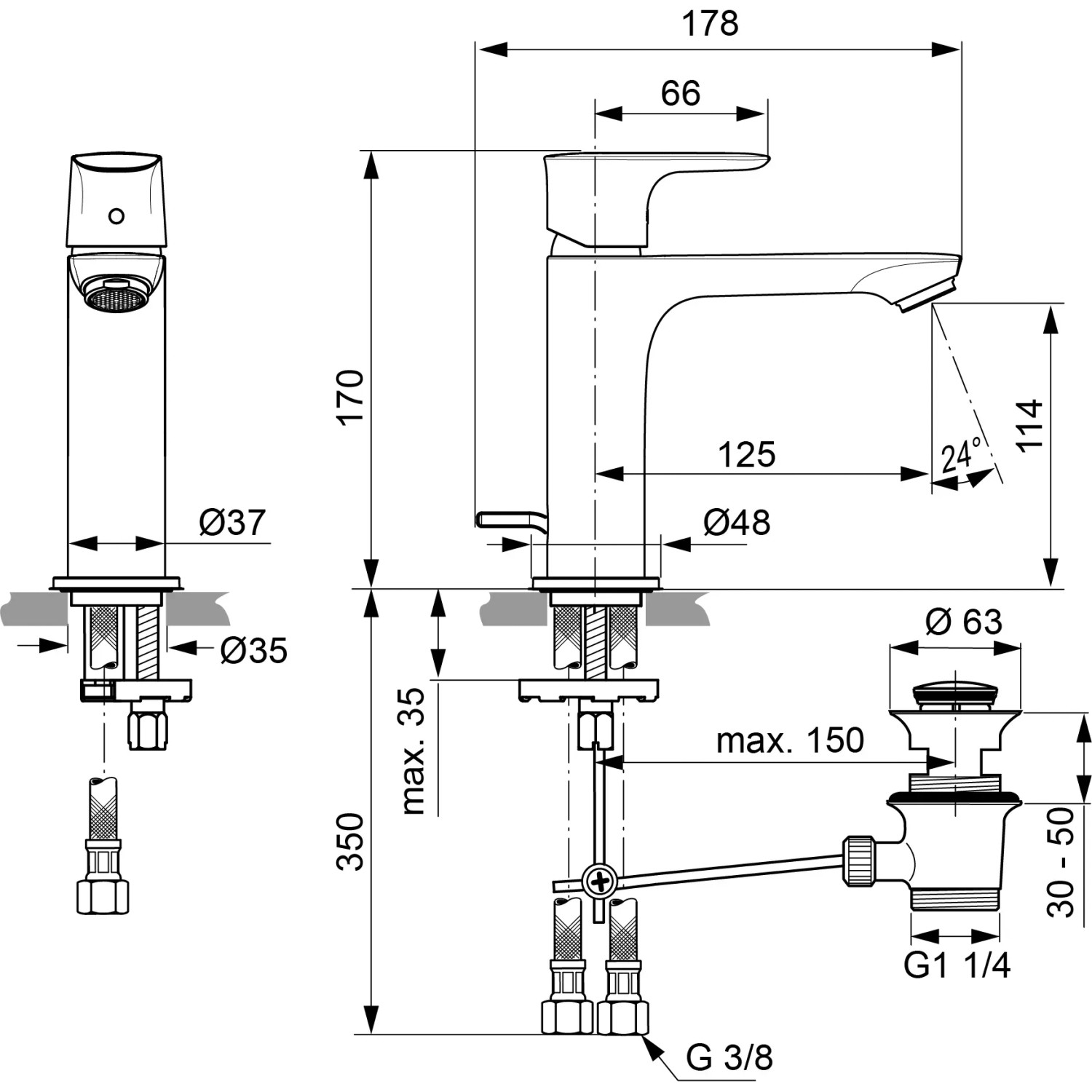 Technische Zeichnung: Ideal Standard Connect Air Waschtischarmatur Grande Slim, gebürstetes Gold, Maße und Anschlüsse.
