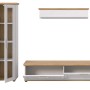 Wohnwand Mirano 3-teilig: weiße Vitrine, TV-Lowboard, Wandboard in Lärche Holzoptik, Landhausstil. Türen offen.
