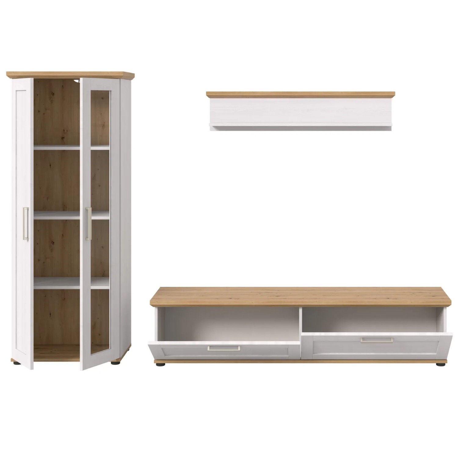 Wohnwand Mirano 3-teilig: weiße Vitrine, TV-Lowboard, Wandboard in Lärche Holzoptik, Landhausstil. Türen offen.