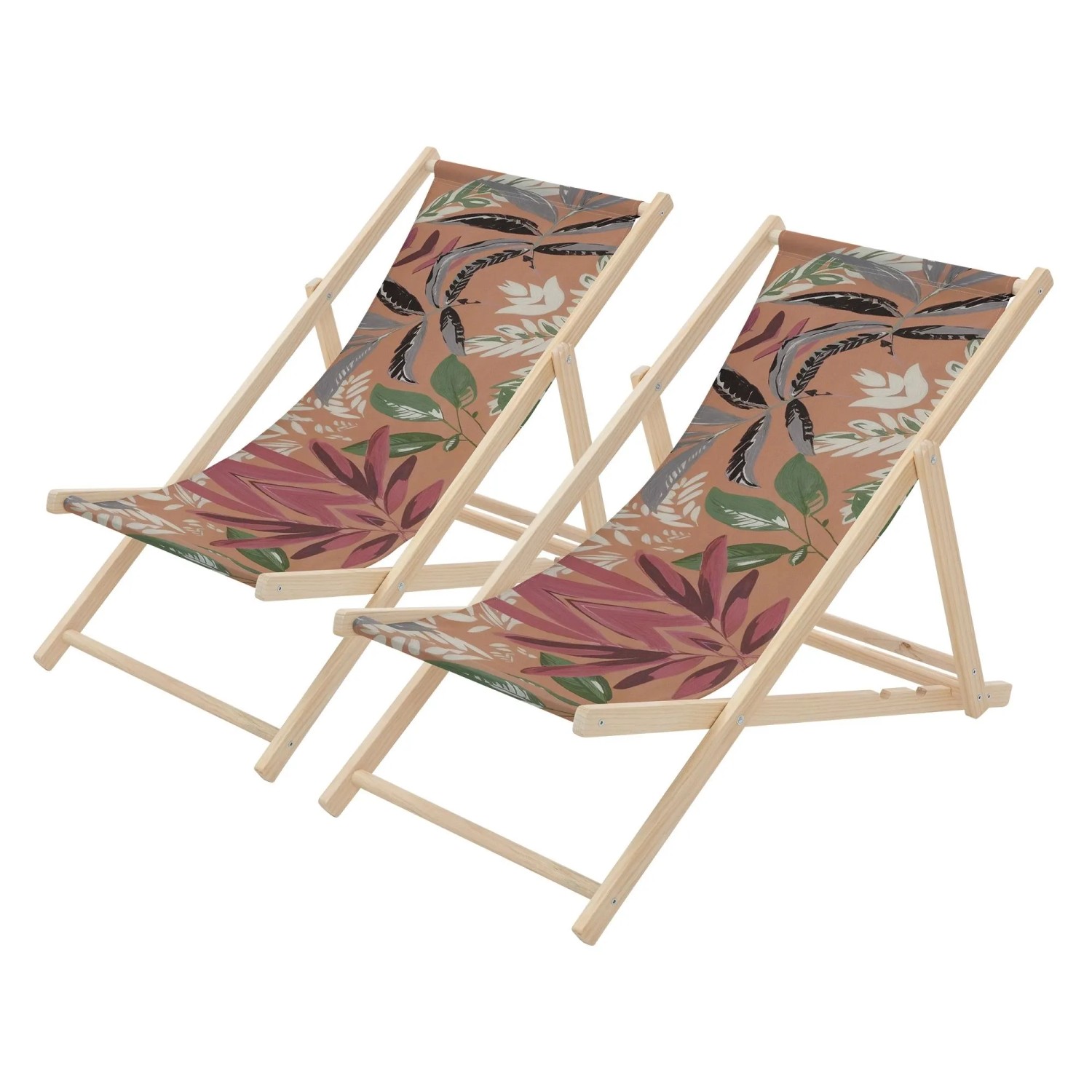 ECD Germany Liegestuhl 2Er Set Klappbar Floral Braun-Rot-Grün aus Holz