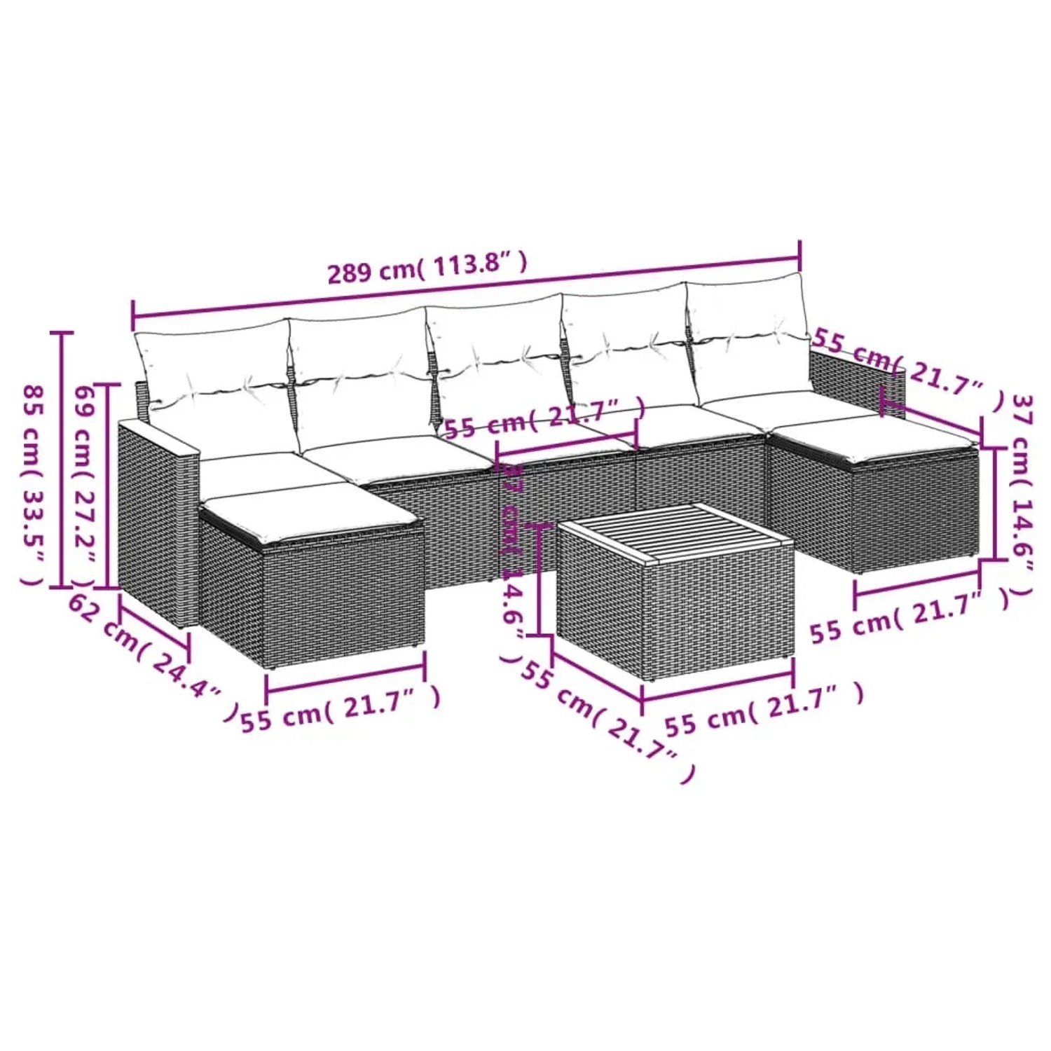 Schwarze 8-tlg. Garten-Sofagarnitur aus Polyrattan mit Kissen. Gartenmöbel-Set mit Tisch und Hockern.