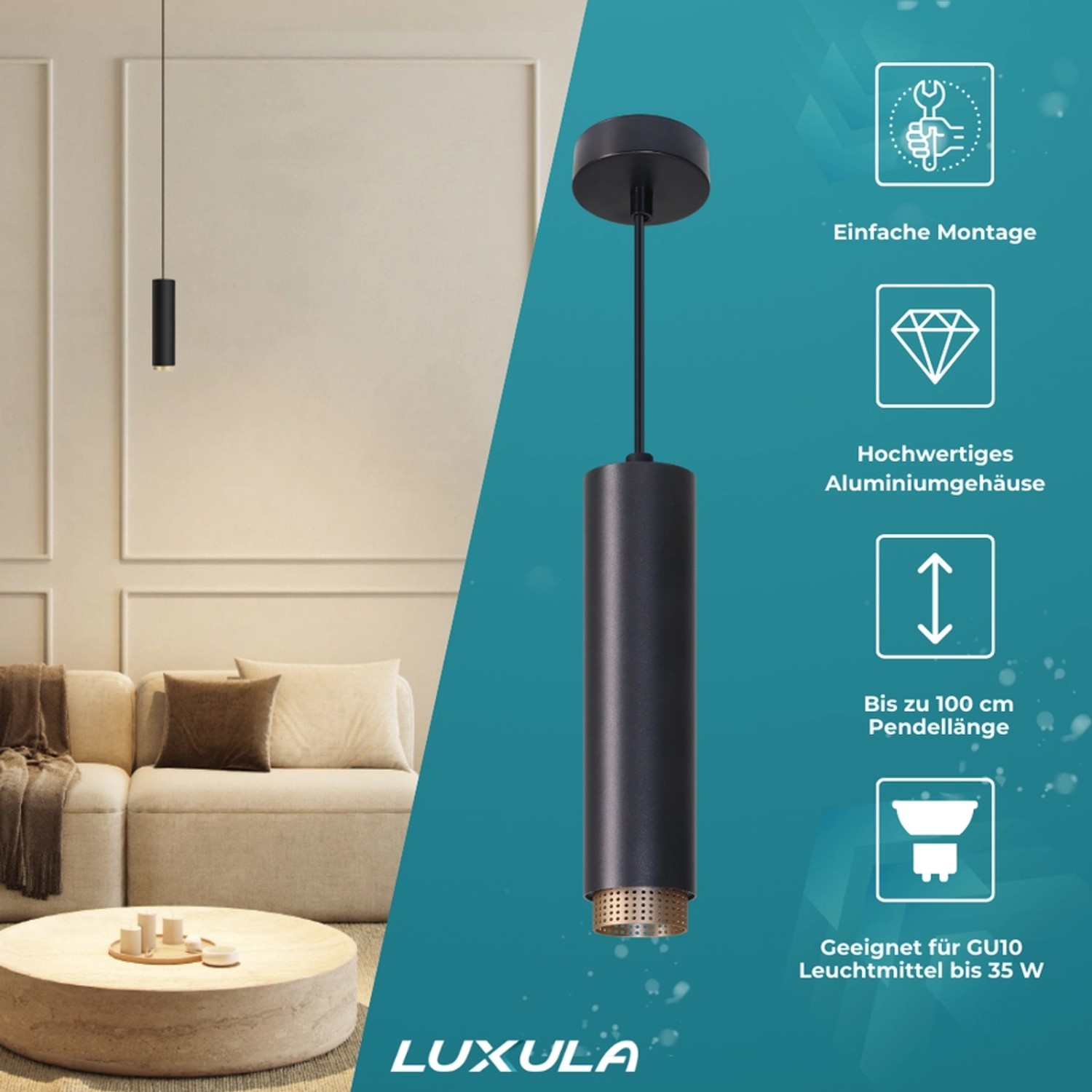 Moderne LUXULA Hängelampe in Schwarz/Gold. Zylinder Design, E27 Fassung, max. 35W. Ideal als Deckenleuchte.