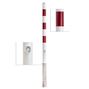 Weißer UvV Stahl Absperrpfosten mit roten Reflexstreifen, herausnehmbar mit Dreikantverschluss.