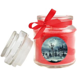 Rote HS Candle Duftkerze im Glas mit Halloween-Motiv und Schleife, Brenndauer 30h.