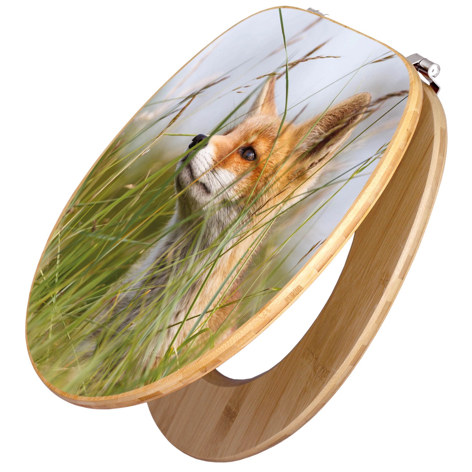 Banjado WC-Sitz aus Bambus mit Fuchsmotiv. Toilettendeckel aus Holz mit Universal Scharnieren.