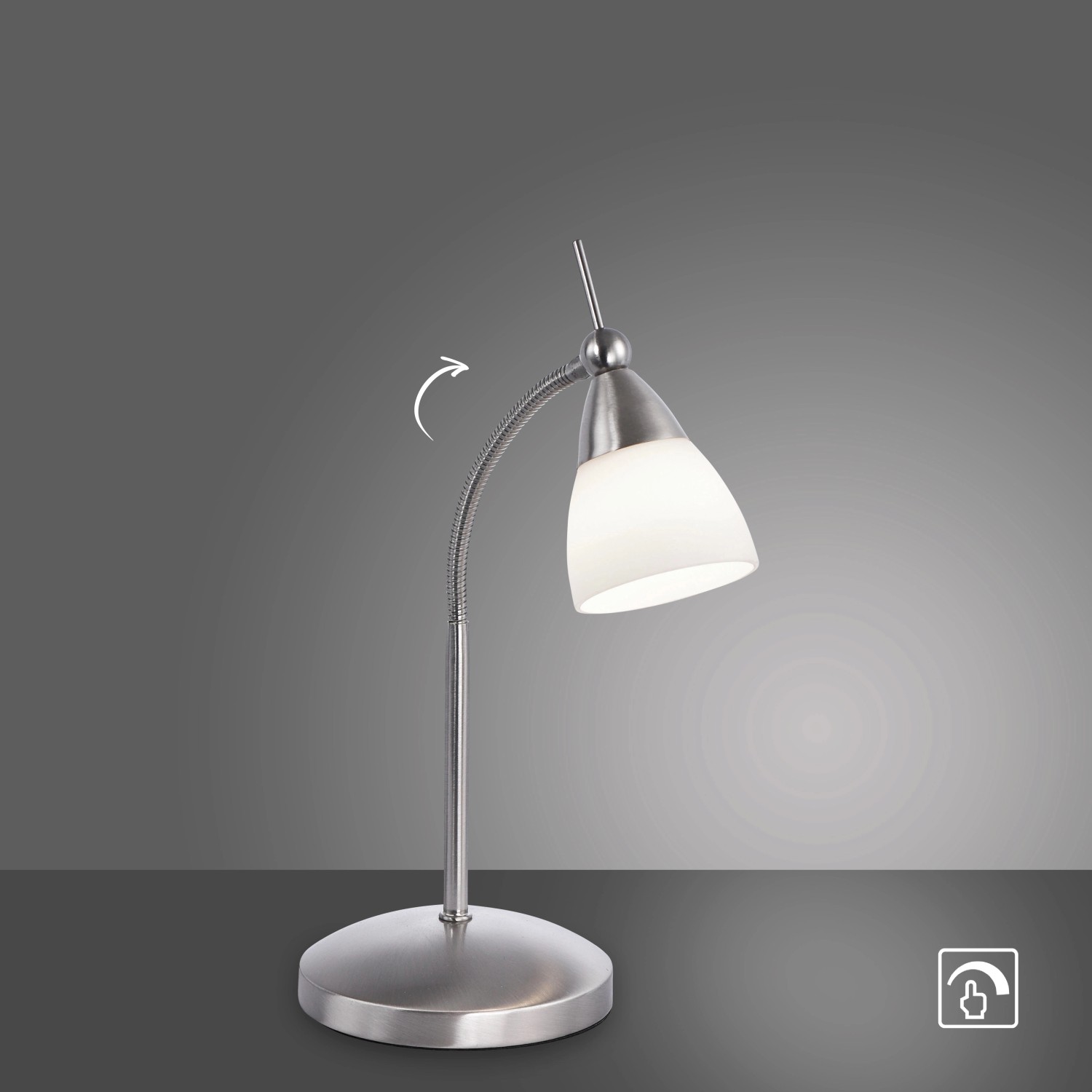 Paul Neuhaus LED-Tischleuchte Pino aus Stahl mit Touchdimmer und verstellbarem Kopf.