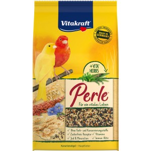 Vitakraft Kanarienfutter Perle 1kg: Hauptfutter mit Saaten, Getreide und Kräutern für Kanarienvögel.