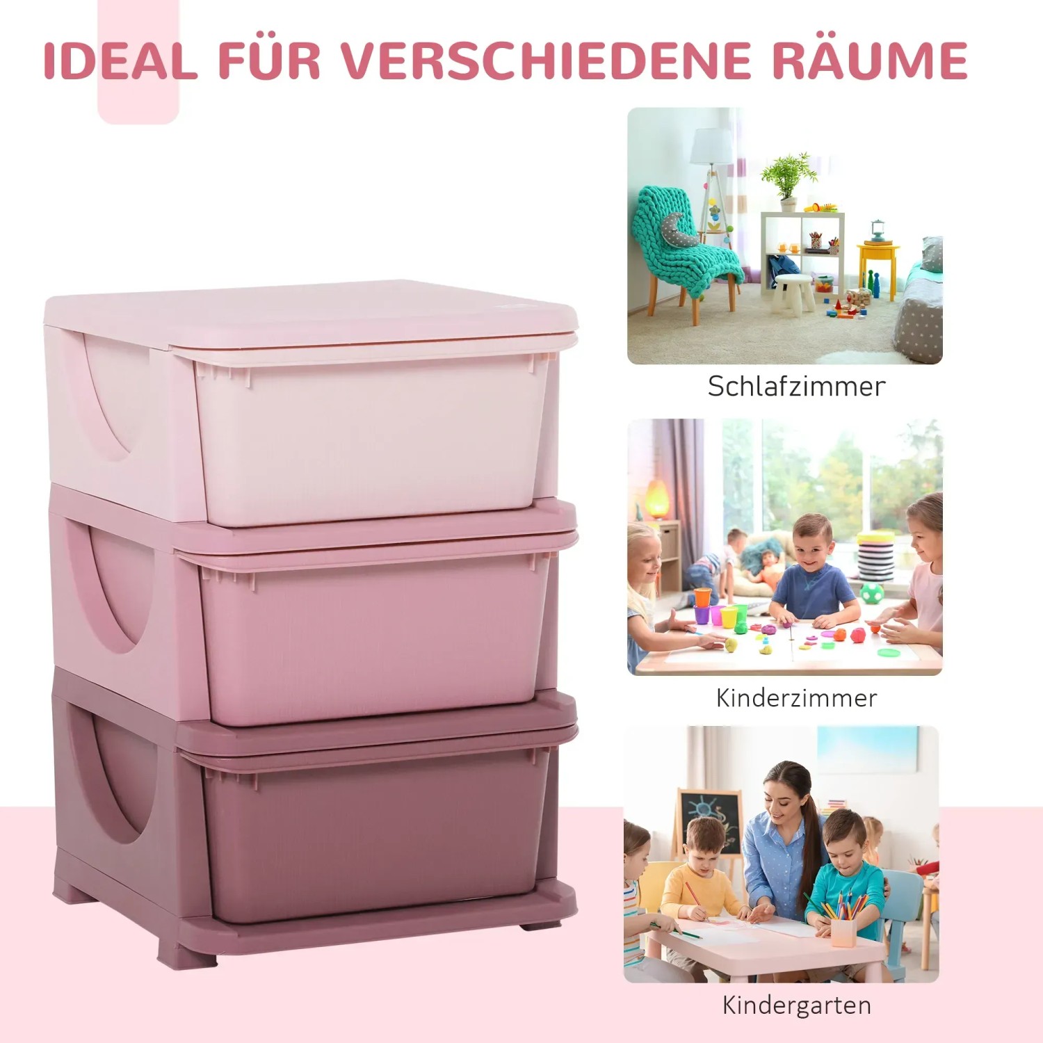 HOMCOM Schubladenschrank mit 3 rosa Boxen für Kinderzimmer, Kindergarten oder Schlafzimmer.