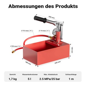 Wiltec Befüllpumpe 25bar: Maße 300x180x100mm, 5l Wassertank, 1m Schlauch. Für Heizung & Solar. Sanitärwerkzeug.