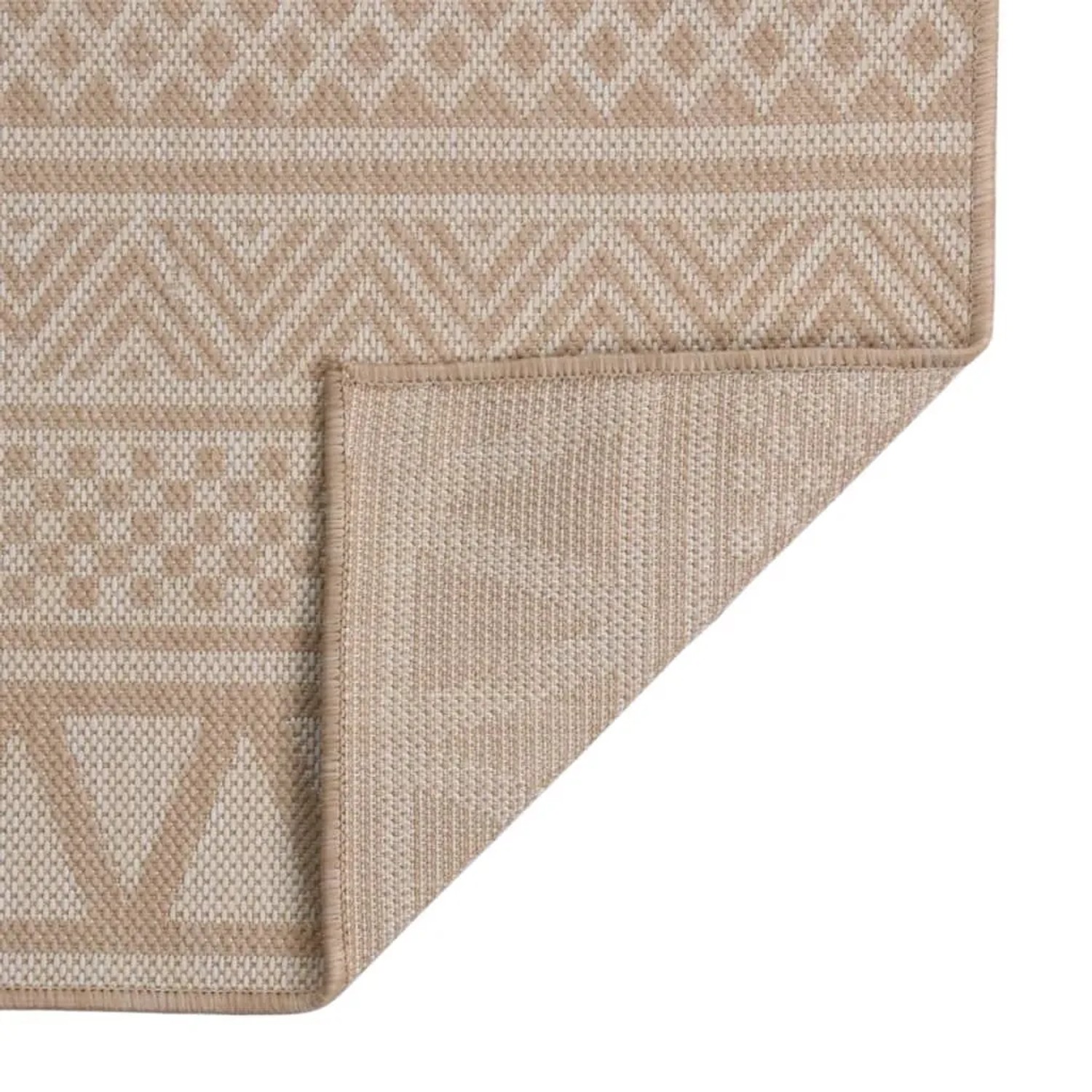Brauner Outdoor-Teppich Flachgewebe, 80x250 cm, mit geometrischen Mustern. Strapazierfähiger Polypropylen-Teppich.