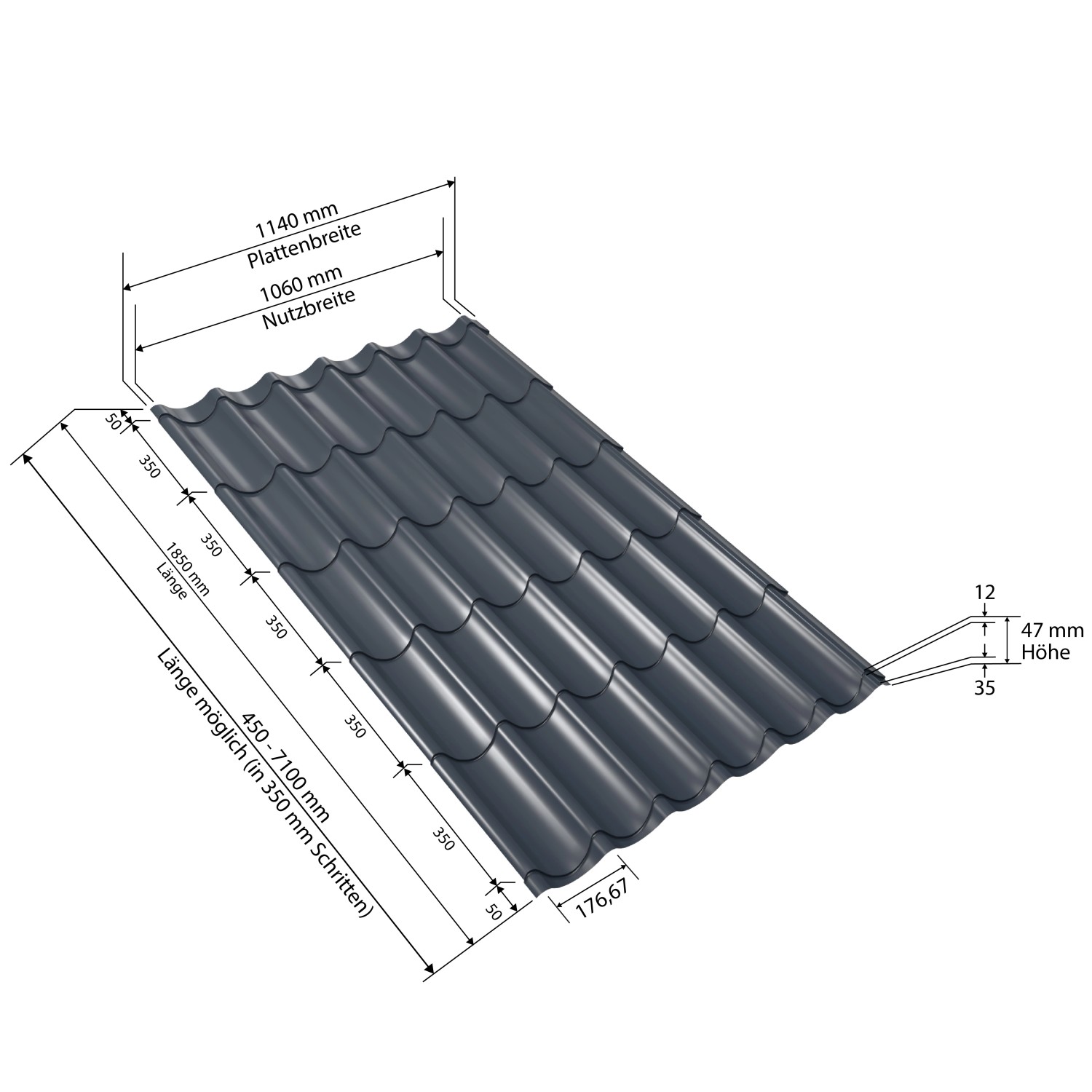 Weckman Pfannenblech Typ 2, anthrazit, mit Maßangaben. Dachblech für Dächer und Sanierungen.