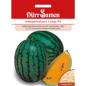 Dürr Samen Orangefleischige Wassermelone Luteo F1 Saatgut Packung mit Melonen und angeschnittenem Stück.
