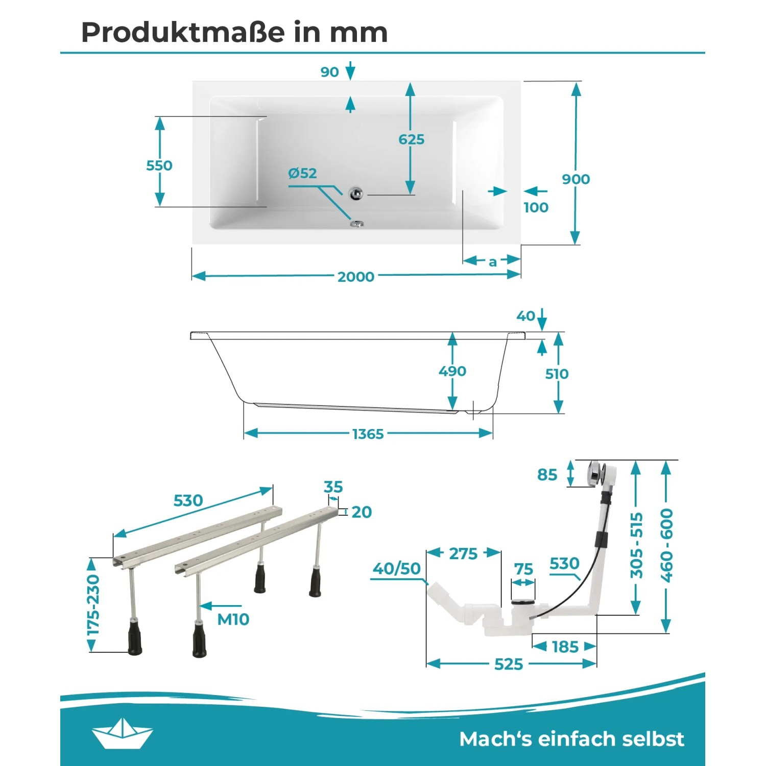 Technische Zeichnung: Calmwaters Duo-Badewanne Modern Square 200x90 cm mit Maßen, Wannenfuß und Ablauf.