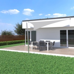 Hellgraues Toldoro Sonnensegel Komplettset 4x4x5,6m mit Mast und Befestigung über einer Terrasse.