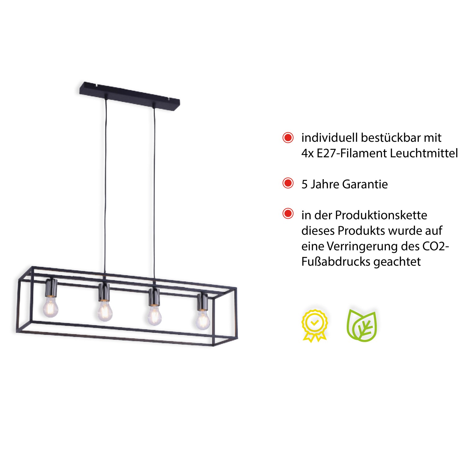 Schwarze, 4-flammige JUST LIGHT Pendelleuchte Fabio im Vintage-Look mit E27 Fassungen.