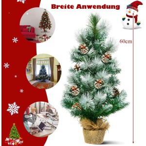 Künstlicher, schneebedeckter Costway Weihnachtsbaum, 60 cm hoch, mit Tannenzapfen im Jutesack.