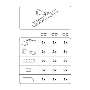 Abbildung der Gardinia Gardinenstange Belamy Ø 25 mm Edelstahloptik 240 cm mit Zubehör.