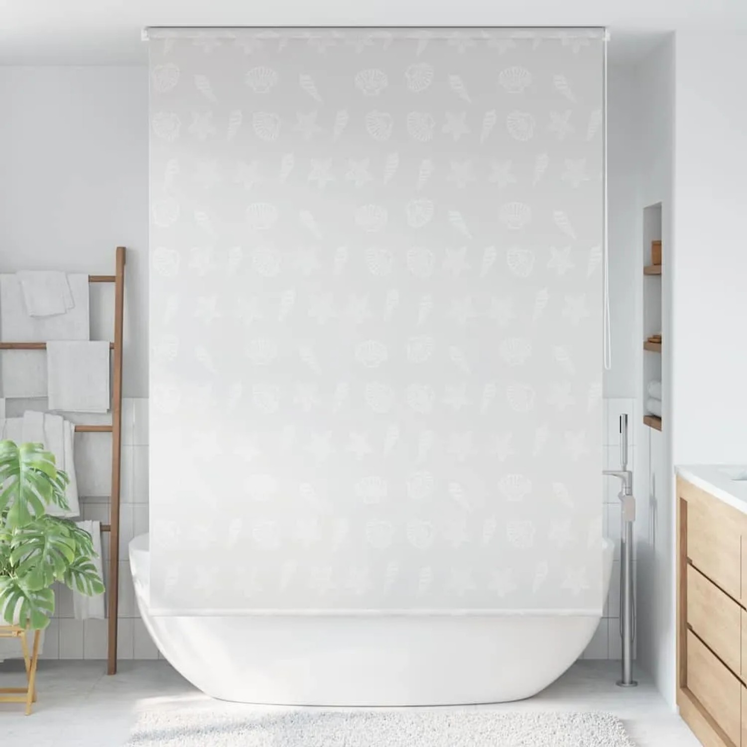 Weißes vidaXL Duschrollo 140x240 cm mit Seesternmuster über Badewanne. Wasserfestes EVA-Rollo für modernes Bad.