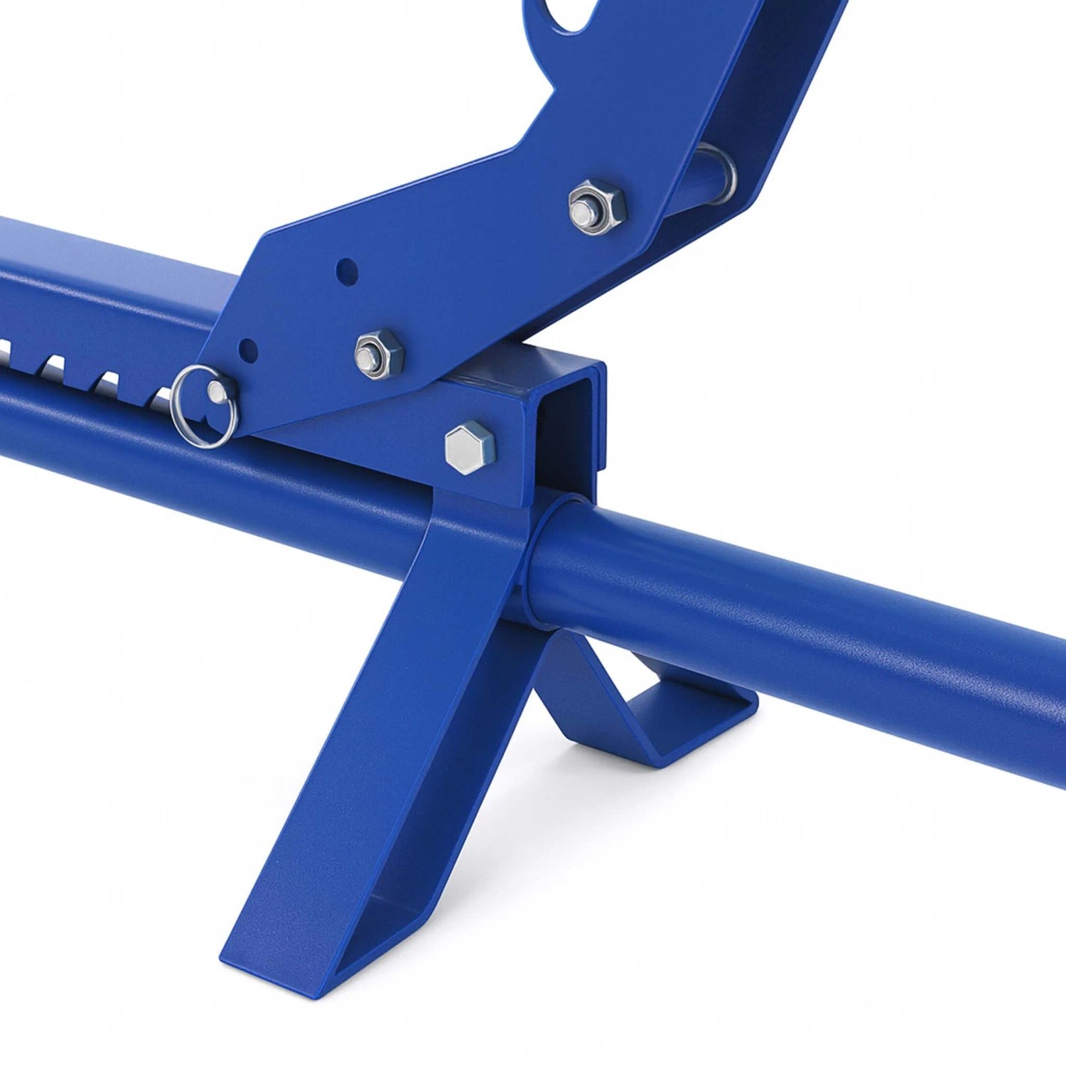 Blauer Xpotool 5-in-1 Stammheber mit robustem Metallgestell und stabilen Standfüßen für Baumstämme.