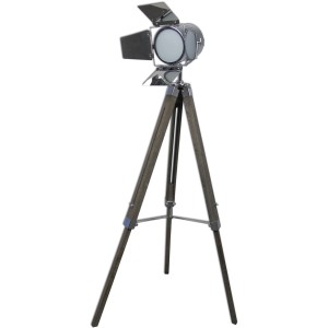 Näve Stehleuchte Holly: Dreibein-Designlampe aus Holz in Natur dunkel mit silbernem Lampenschirm.