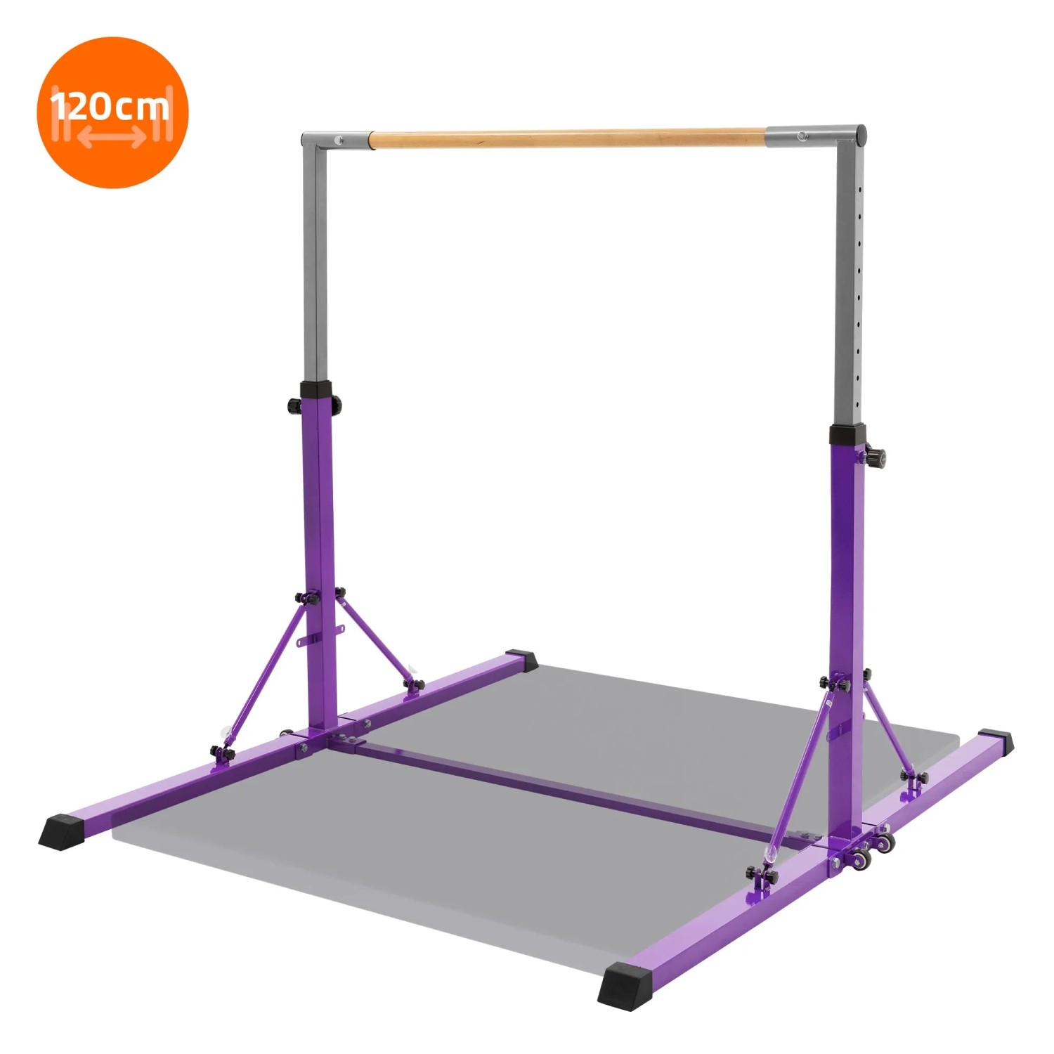 Lila Hauki Gymnastik Turnreck, höhenverstellbar, mit Holzstange. Faltbares Sportgerät für Kinder & Spiel.
