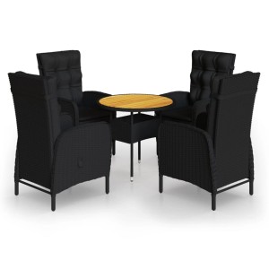 Schwarzes 5-tlg. Garten-Bistro-Set aus Poly Rattan mit Tisch und 4 Stühlen mit Kissen.
