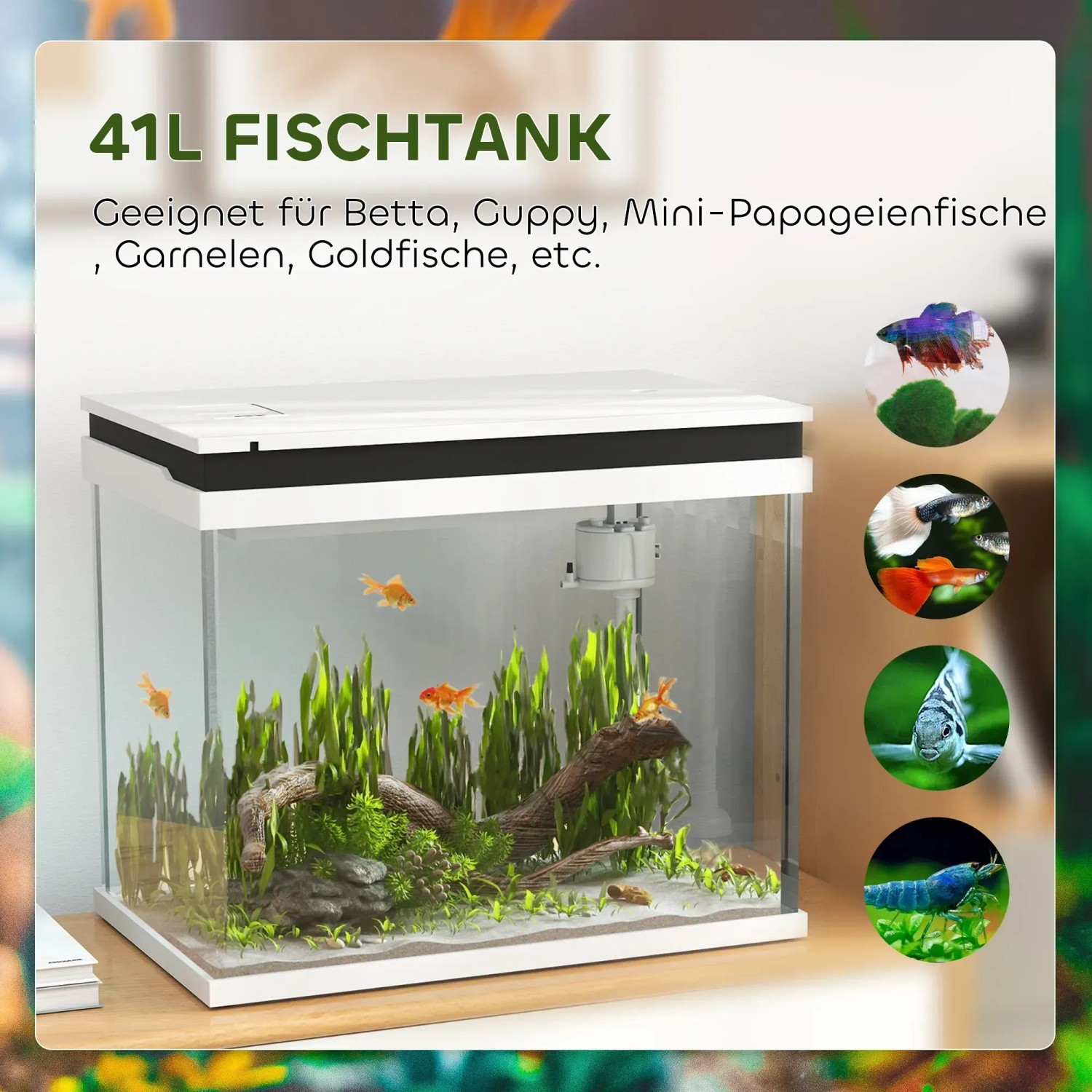 Weißes PawHut Aquarium Filtersystem aus Glas und ABS, 48x30x41cm, mit Fischen und Pflanzen.