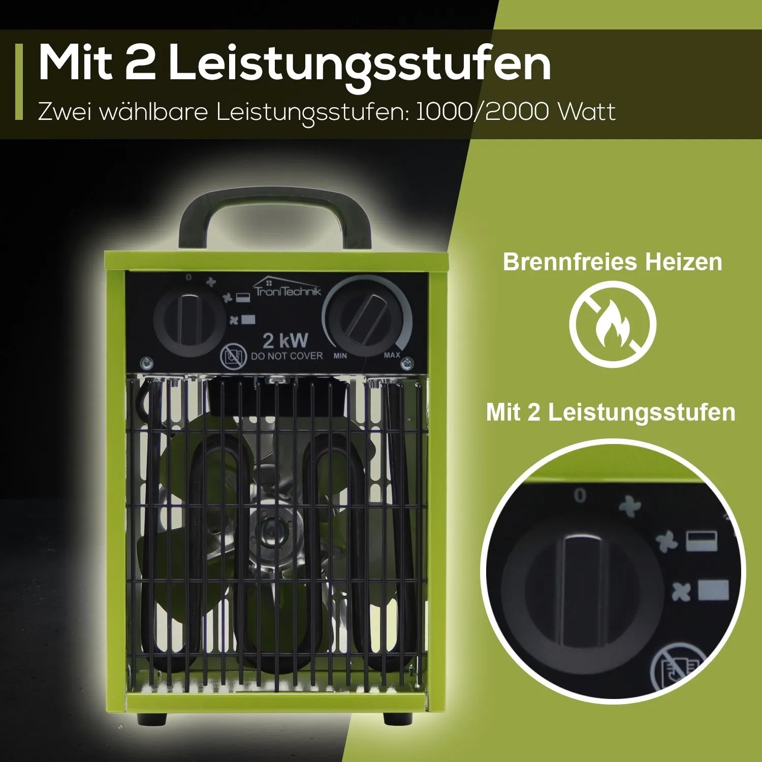Tronitechnik Heizgerät Heizlüfter Heizung 2000 Watt Tragegriff Stahl Thermosteuerung_5