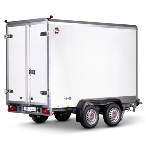 Stema Kofferanhänger S-BOX 20-30-15 mit 2 Türen, weißer Kofferaufbau, Heckansicht.