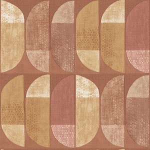 Retro Tapete in Braun und Orange mit geometrischem 70er Jahre Muster für Wohn- und Esszimmer.