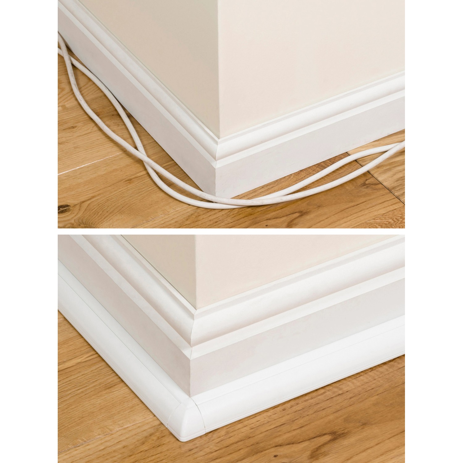 Weißer D-Line Kabelkanal (22x22mm) an einer Wand montiert, verdeckt Kabel.