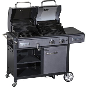 Gas- & Holzkohle-Kombigrill Hudsonville mit zwei geöffneten Grillbereichen und Ablagefläche.