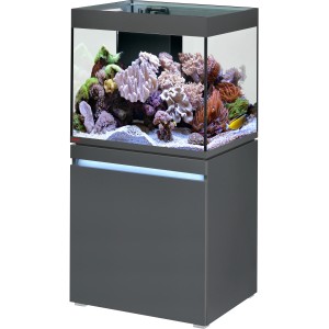 Eheim Incpiria Reef 230 Graphit Aquarium-Kombination mit Unterschrank und Meerwasser-Dekoration.